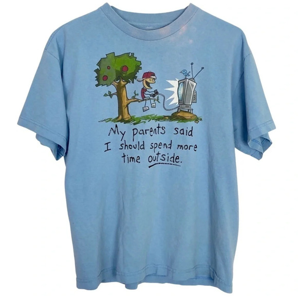 Vintage 90s Hilarious Gamer Tshirt Light Blue Unisex Size Medium Tee T-Shirt - Picture 1 of 12